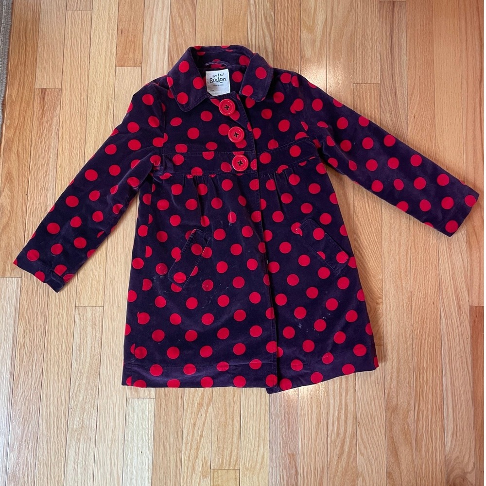 Mini Boden Girls Purple Red Polka Dot Velvet Coat Jacket Cotton 7-8Y